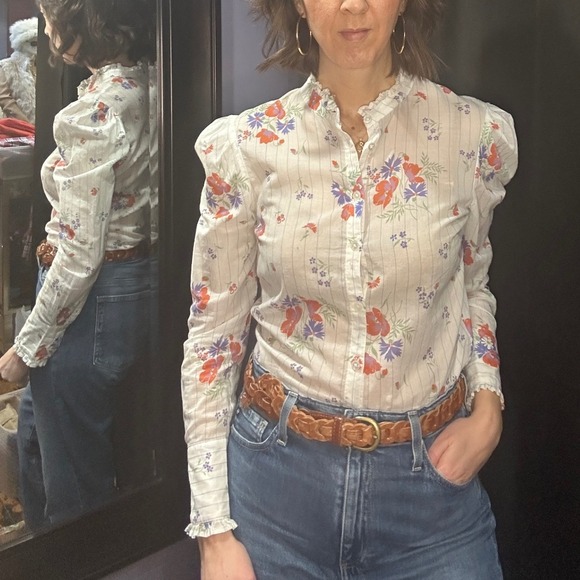 Veronica Beard Floral Stripe Ruffle Collar Button Up Blouse Women's Size S M